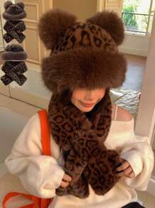 1set Leopard Print Fluffy Hat & Scarf Set, Warm Plush Fur Hood Earflaps Hat, Versatile For Women, Winter