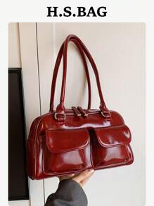 1 chiếc túi Tote da PU màu đỏ tía, túi đeo vai cho nữ có nhiều ngăn, khóa kéo sơn mài cổ điển, túi xách có sức chứa lớn, thích hợp sử dụng hàng ngày, đi làm, phong cách túi đựng bowling - Màu Đỏ Sâu - Xem 1