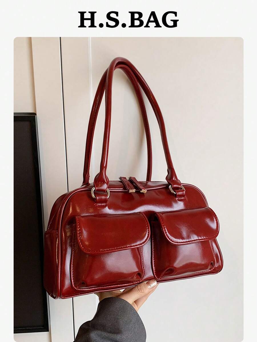 1 chiếc túi Tote da PU màu đỏ tía, túi đeo vai cho nữ có nhiều ngăn, khóa kéo sơn mài cổ điển, túi xách có sức chứa lớn, thích hợp sử dụng hàng ngày, đi làm, phong cách túi đựng bowling - Màu Đỏ Sâu - Xem 1
