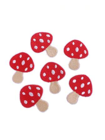 6pcs/Set Cartoon Red Mushroom Iron-On Patch, Personalized DIY Apparel Accessory Embroidery Sewing Decorative Iron-On Patch For Clothing, Shoes, Bags Summer, School
