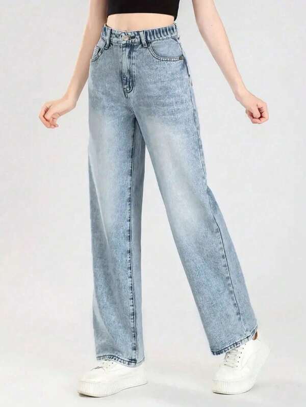 Jeans rectos de uso diario casual sencillo para niñas preadolescentes