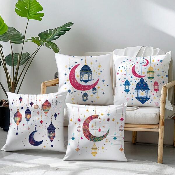 4pcs Colorful Crescent Moon & Star Pattern Cushion Covers, Single-Sided Soft Peach Velvet Material, 45*45cm/50*50cm Pillow Covers Suitable For Indoor Decor, Party, Gift