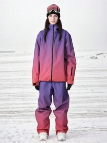 Gradient Ski Suit Set Unisex Oversized 2-Piece, Includes Professional Ski Jacket + Ski Pants, Suitable For Snowboard Resort Outings; Bonded Zipper Placket With Anti-Loss Pockets, Reinforced Structure Windproof And Snowproof, Breathable; High-Value Gradient Colorway Functional Snow Gear, Winter Skiing Sports Universal Couple Skiing Equipment, Suitable For Beginners And Experienced Skiers, Cold-Resistant Outdoor Snow Apparel - Red Violet - View 16