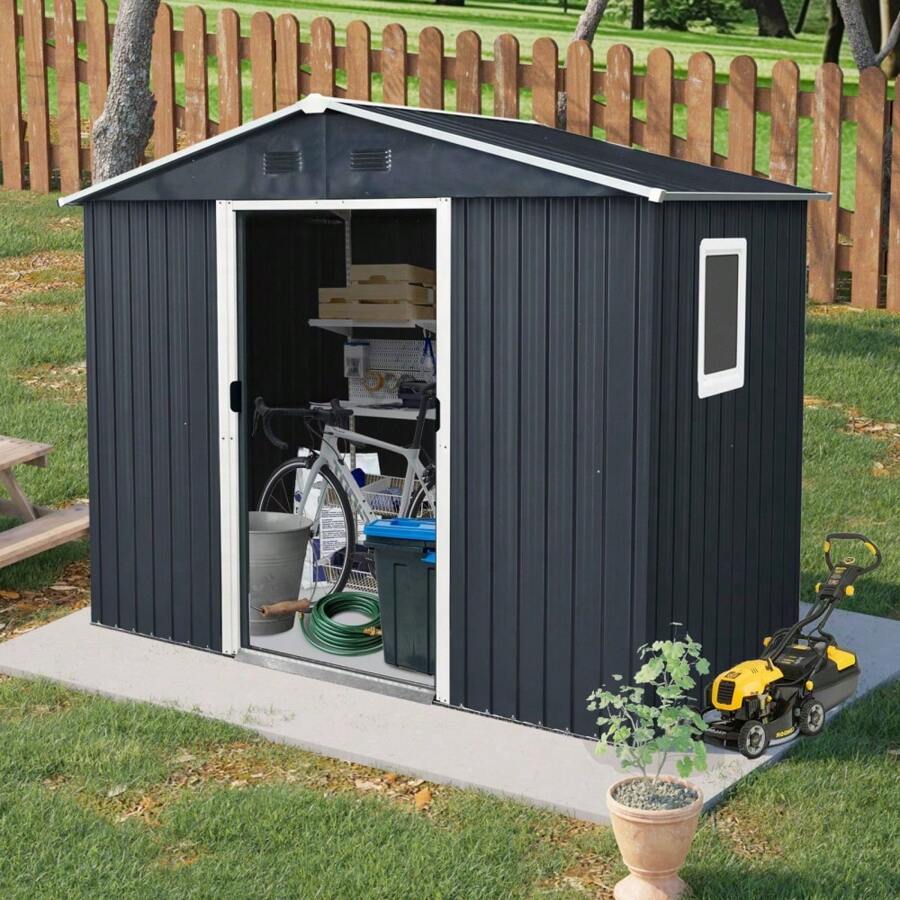 8ft X 4ft Outdoor Metal Storage Shed With Window And Metal Foundation For Backyard, Patio, Lawn (Black And White),CozyUp