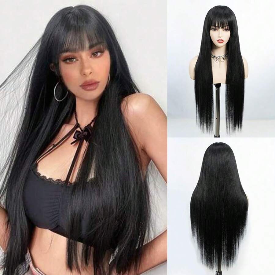Pelucas rubias resaltadas para mujeres, peluca larga y recta de 24 pulgadas con flequillo, cabello Remy suave y sedoso de moda natural, peluca sintética de fibra resistente al calor, peluca sin pegamento hecha a máquina, peluca completa realista para uso diario normal para principiantes - Negro - Ver 1