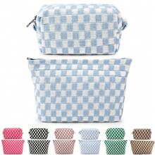 2 pezzi Borsa porta trucchi grande in tela a quadri, borsa da toilette per viaggio con grande capacità, accessori estetici per organizzare pennelli trucco, borsa per lo stoccaggio per donne, mix a quadri verde