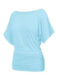 OUTBALL Womens Casual T Shirts Short Sleeve Dolman Shirts Boat Neck Ruched Tops Summer Lightweight Clothes - 藍綠色 - 查看 1