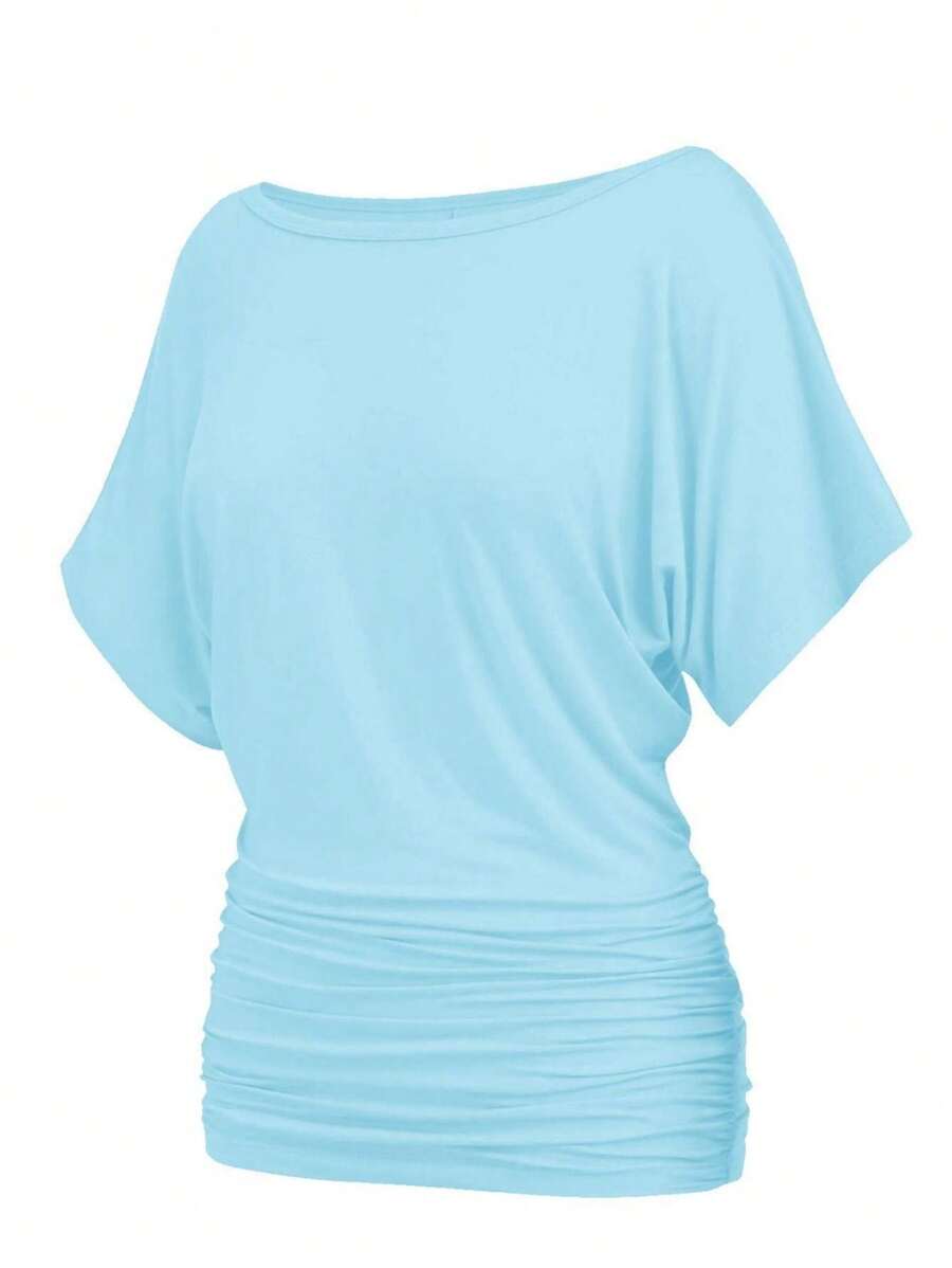 OUTBALL Womens Casual T Shirts Short Sleeve Dolman Shirts Boat Neck Ruched Tops Summer Lightweight Clothes - 藍綠色 - 查看 1