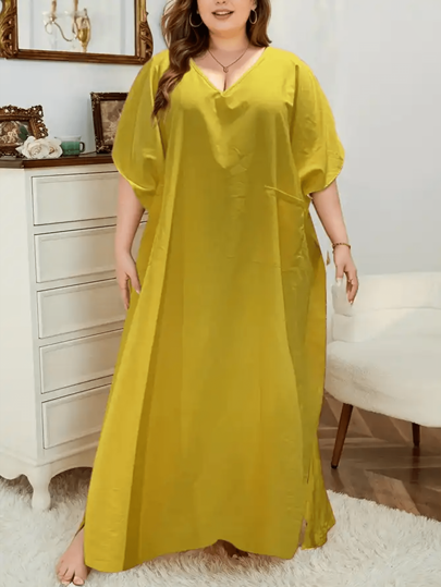Vestido estampado com decote em V e bolso plus size para mulheres