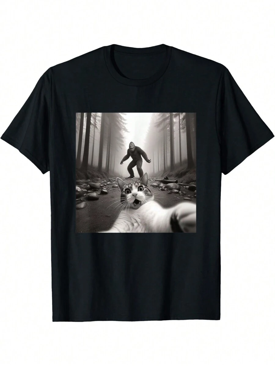 Funny Surprised Scared Cat Selfie With Sasquatch Bigfoot T-Shirt Funny Printed T-Shirt Casual Men's T-Shirt - 黑色 - 查看 1