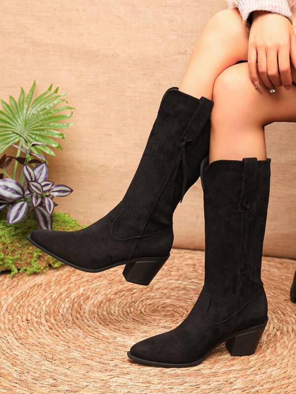 Women's Retro Autumn/Winter Tall Boots, V-Cut High Shaft Riding Boots, Non-Over Knee, Thick Heel Western Cowboy Boots
