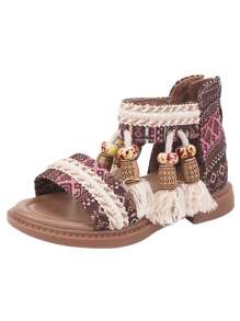 1 双夏季新款女童凉鞋，时尚公主风印花流苏软底学生罗马凉鞋，幼儿/小童/大童