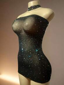 Completo lingerie sexy composto da abito con design aderente e decorazioni in strass, senza biancheria intima, abbigliamento sexy da donna con abito e collana
