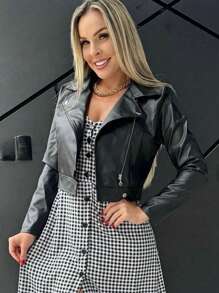 Women's Leather Jacket With Zipper Long Sleeve - 黑色 - 查看 3