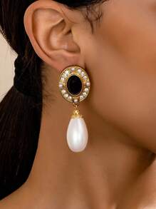 1 对复古水钻和人造珍珠吊坠耳环，适合女士佩戴，优雅百搭，适合各种场合