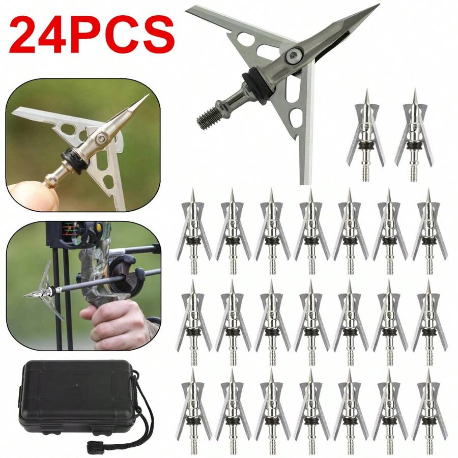 24PCS Hunting Arrowhead 100 Grain Archery Broadheads 2" Dia Expandable Compound Crossbow Longbow Recurve W/2 Blade - Silver - View 1