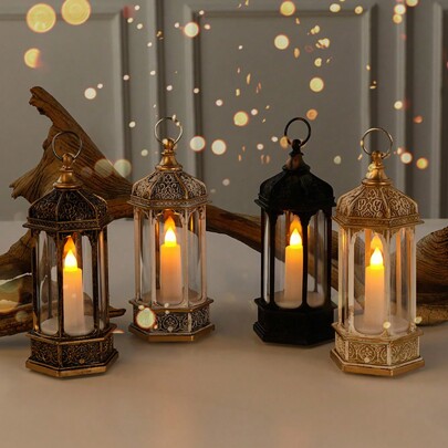 1pc Retro Luminous Hexagonal Electronic Candle Wind Lamp Desktop Ornaments Oil Lamp Scene Decoration (Without Batteries) Birthday Gifts Graduation