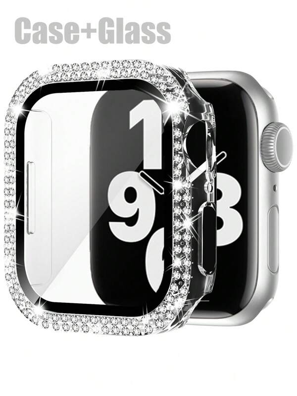 1 pièce Étui pour Apple Watch + Film de protection d'écran d'Apple Watch. Étui en PC dur avec double rangée de strass brillants. Film de protection d'écran de montre durci 9H. Étui de protection de montre intégré compatible avec Apple Watch 40/41/42 (série 10)/44/45/46mm. Protection anti-chute et anti-rayures. Étui de protection de montre pratique compatible avec Apple Watch Série 10/9/8/7/6/SE/5/4
