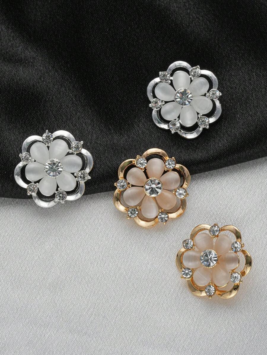4 Packs Double-Layer Hollow-Out Rhinestone Embellished Cat's Eye Flower Metal Buttons For DIY Fashion Embellishments - Ideal For Shirts, Dresses, Cardigans, Sweaters, Blazers, Coats, And Accessories