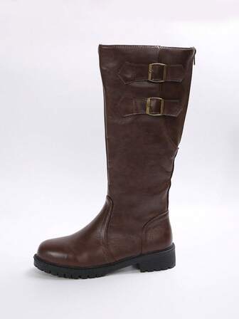 FVPFVP 2024冬季新款黑色马靴，带扣装饰，直筒过膝，显瘦，棕色，女士派对靴