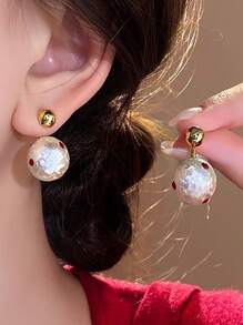 1 Pair Women French Style Red Polka Dot Faux Pearl Stud Earrings, Fashionable For Daily Commute, Going Out, Social Occasions And Photography