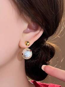 1 Pair Women French Style Red Polka Dot Faux Pearl Stud Earrings, Fashionable For Daily Commute, Going Out, Social Occasions And Photography
