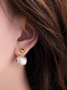 1 Pair Women French Style Red Polka Dot Faux Pearl Stud Earrings, Fashionable For Daily Commute, Going Out, Social Occasions And Photography