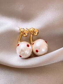 1 Pair Women French Style Red Polka Dot Faux Pearl Stud Earrings, Fashionable For Daily Commute, Going Out, Social Occasions And Photography