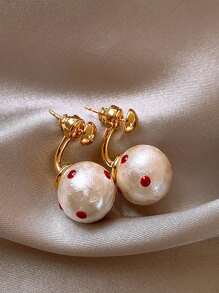 1 Pair Women French Style Red Polka Dot Faux Pearl Stud Earrings, Fashionable For Daily Commute, Going Out, Social Occasions And Photography