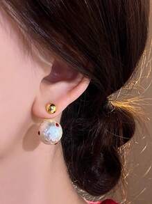 1 Pair Women French Style Red Polka Dot Faux Pearl Stud Earrings, Fashionable For Daily Commute, Going Out, Social Occasions And Photography