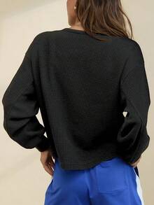 New Autumn/Winter European Women's Casual Minimalist Loose Street Style Waffle Knit Versatile Sweatshirt - Black - View 4