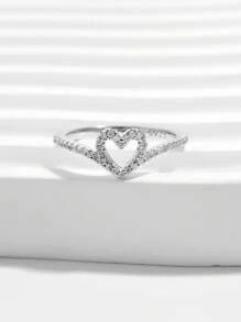 Vaerine 1 pieza Anillo de plata de ley 925 con diseño de corazón hueco romántico y elegante con cubic zirconia, de estilo simple y a la moda, ideal para citas, fiestas y como regalo de San Valentín para mujeres
