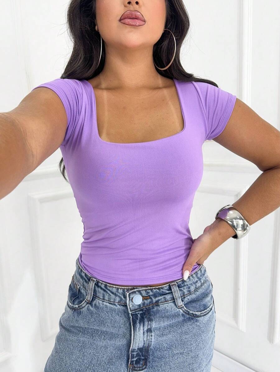 Basic Women's Blouse Square Neck Short Sleeve Baby Look Fashion Casual Versatile Blogger Foreigner - 紫丁香色 - 查看 1