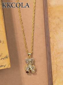KKCOLA 1 件时尚铂金彩色锆石泰迪熊吊坠项链，节日礼物派对珠宝（锆石颜色随机） - 金黃色 - 查看 2