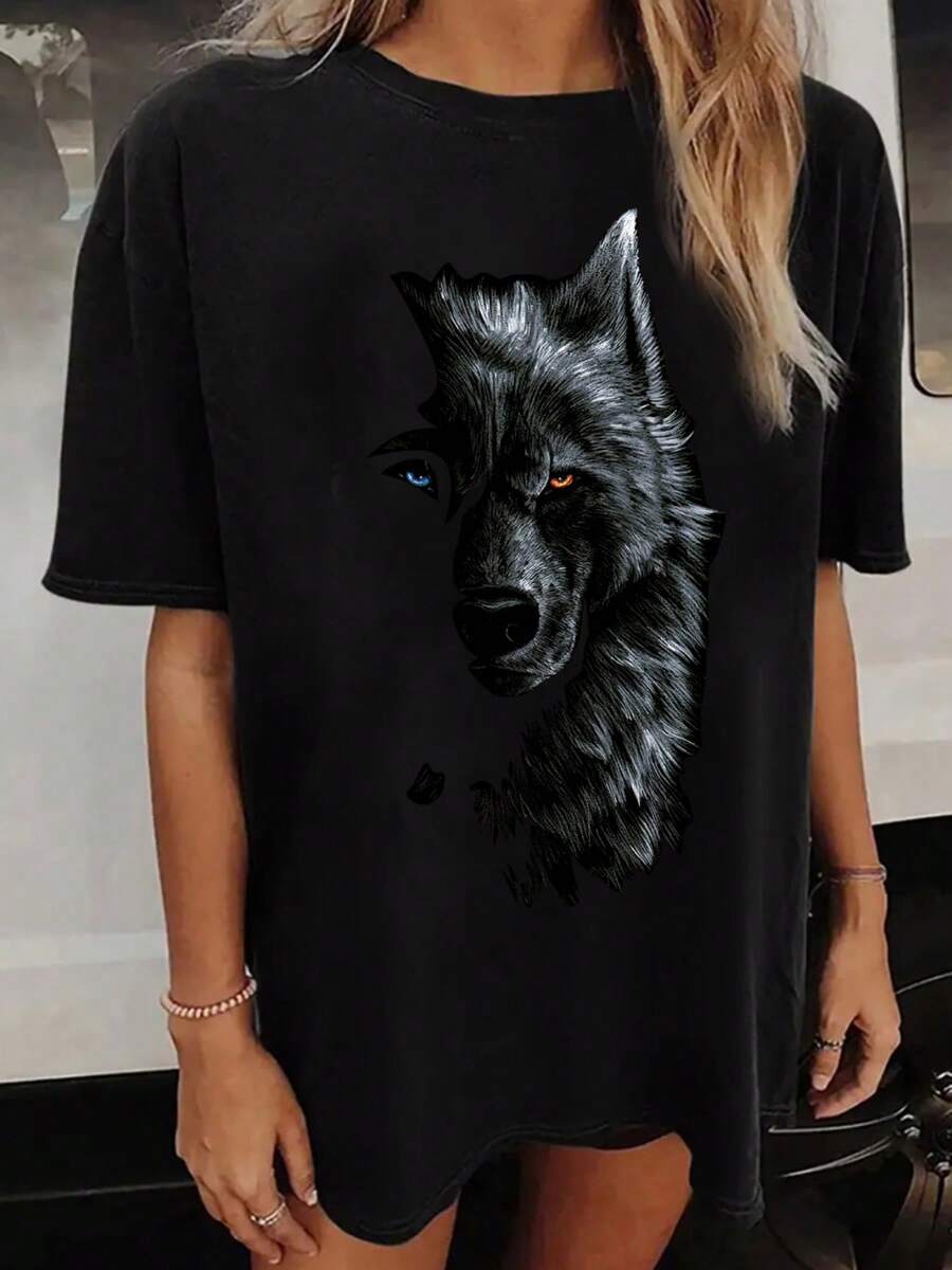 Women Wolf Print Loose Oversized T-Shirt For Women - Casual Polyester Knit Fabric With Round Neckline, All-Season Comfort, Festive Holiday Top, 1 Piece, 200gsm - 黑色 - 查看 1