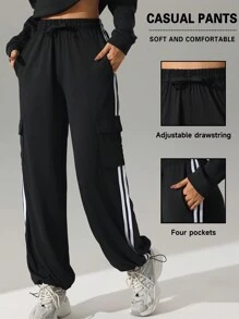 Pantalones deportivos casuales de tiro alto con bolsillos y raya lateral, de corte holgado. Pantalones de yoga con cordón, cintura elástica y puños, apropiados para el uso diario, trotar, hacer ejercicio