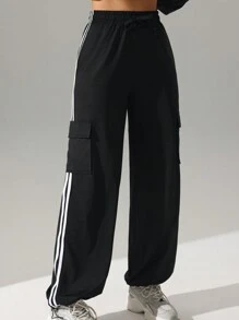Pantalones deportivos casuales de tiro alto con bolsillos y raya lateral, de corte holgado. Pantalones de yoga con cordón, cintura elástica y puños, apropiados para el uso diario, trotar, hacer ejercicio