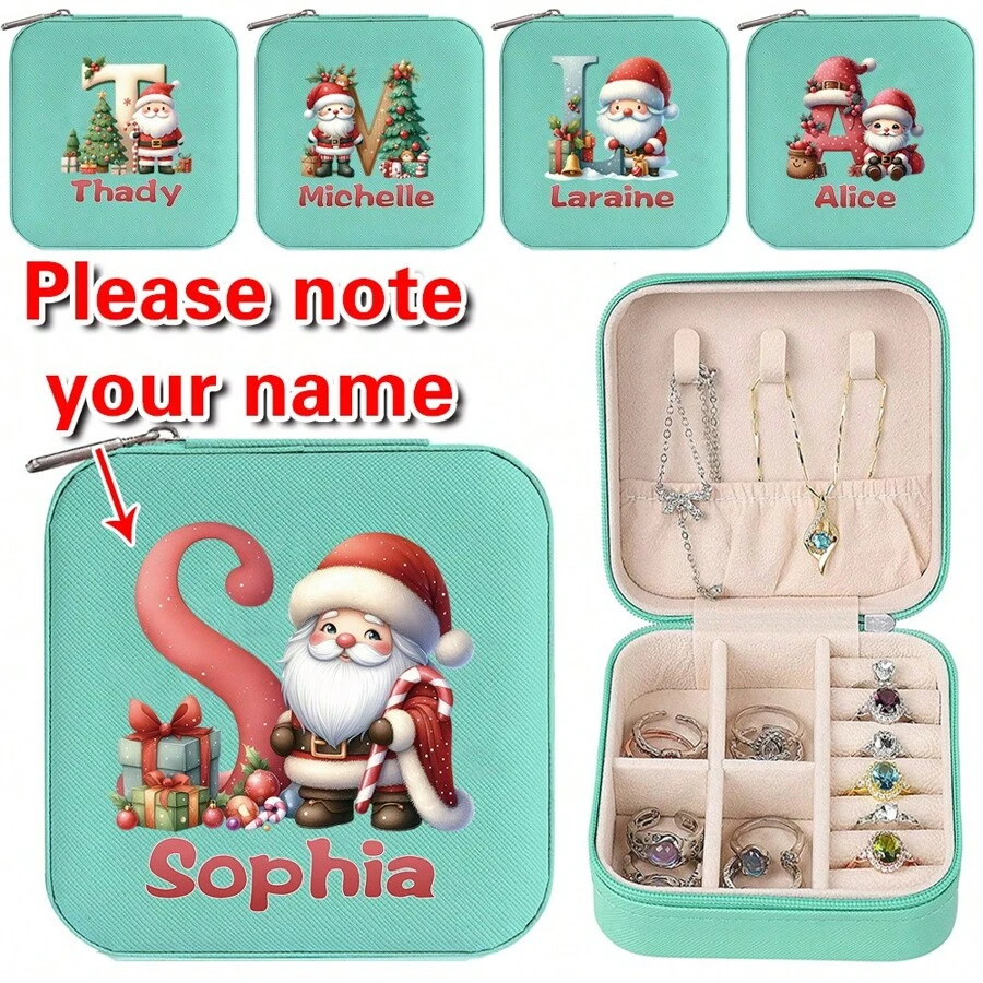 1 Pieza Caja de joyería personalizada, Organizador y exhibidor de joyería para mujeres, Personalizado con nombre, iniciales de Santa de la A a la Z, Patrón de carta, Estuche de joyería de gran capacidad para viaje, Regalo de Navidad, Año Nuevo o Halloween, Caja de joyería de PU de lujo multifuncional con múltiples compartimentos para clasificación, Caja de almacenamiento para mamá, Regalos de Papá Noel, Árbol de Navidad