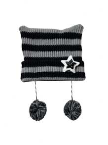 Mũ len tai mèo mới 2024 dành cho nữ, thu/đông, dày và lót giữ nhiệt, mũ len rộng màu xám sọc có trang trí ngôi sao năm cánh cho lễ Halloween - Nhiều màu - Xem 3