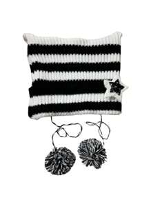 Mũ len tai mèo mới 2024 dành cho nữ, thu/đông, dày và lót giữ nhiệt, mũ len rộng màu xám sọc có trang trí ngôi sao năm cánh cho lễ Halloween - Nhiều màu - Xem 1