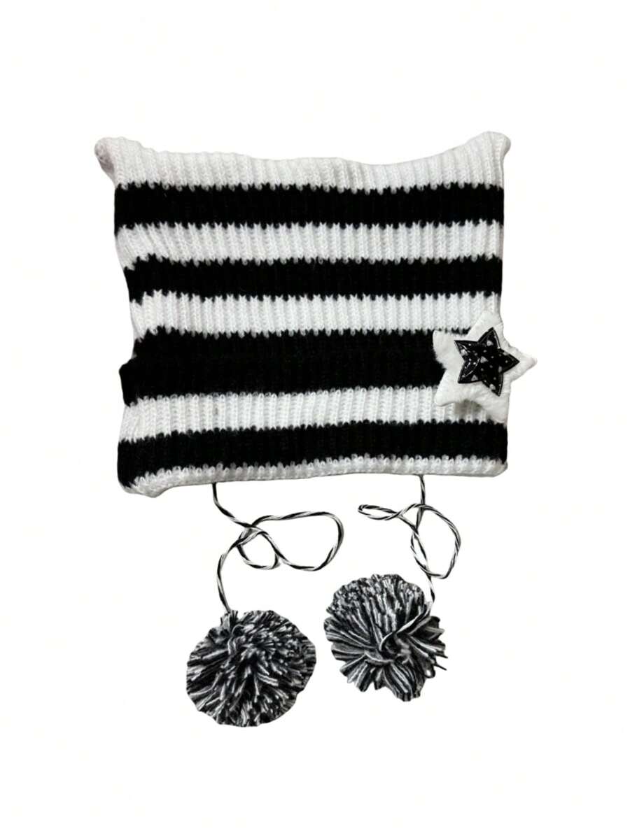 Mũ len tai mèo mới 2024 dành cho nữ, thu/đông, dày và lót giữ nhiệt, mũ len rộng màu xám sọc có trang trí ngôi sao năm cánh cho lễ Halloween - Nhiều màu - Xem 1