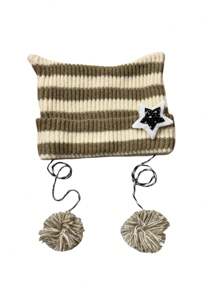 Mũ len tai mèo mới 2024 dành cho nữ, thu/đông, dày và lót giữ nhiệt, mũ len rộng màu xám sọc có trang trí ngôi sao năm cánh cho lễ Halloween - Nhiều màu - Xem 4