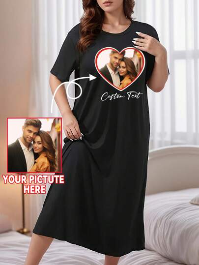Plus Size Personalized Photo Printed Dress, Customize With Couples/Couples/Family/Friend/Pet Photos, Comfortable Loose Plus Size Dress, Black Tunic Top, Graphic T-Shirt Dress, Gift For Her, Autumn Top, Anniversary Gift, Valentine's Day Gift, Birthday Gift, Wedding Gift, Best Friend Gift For Summer