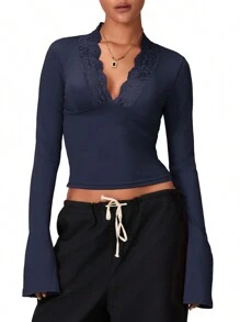 Women's Spring Tops Slim Lace Trim Deep V Neck Bell Sleeve Crop Shirt Casual Streetwear - 藍色 - 查看 4
