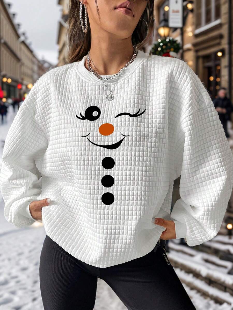 Natal Boneco de Neve Bonito Feminino Estampado Casual Esportes Waffle Suéter Outono E Inverno