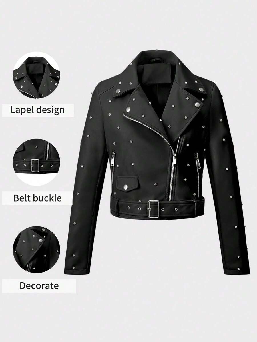 Giolshon 女士铆钉仿皮机车夹克 - 前卫机车风格，配有领子、腰带和拉链细节，适合秋冬季叠穿 - 黑色 - 查看 1