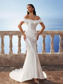 Vestido de novia de cola de pez de unicolor y hombros descubiertos de alta gama para novia, de diseño simple - Blanco - Ver 9