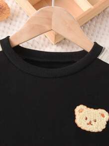 Young Boys Teddy Bear Embroidery Plaid Splice Sweatshirt & Pants 2pcs Set