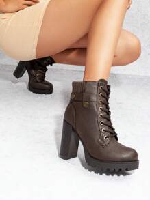 Women's Lace Up Combat Ankle Boots High Chunky Heel Fashion Heeled Booties Shoes - 棕色 - 查看 1