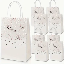 6/8/12/16/24pcs/Set 21*15*8CM Hot Stamping White Heart Pattern Gift Bags With Handles, Kraft Paper Gift Bags In Bulk, Suitable For Birthday, Wedding, Party, Party Supplies And Gift Decorations